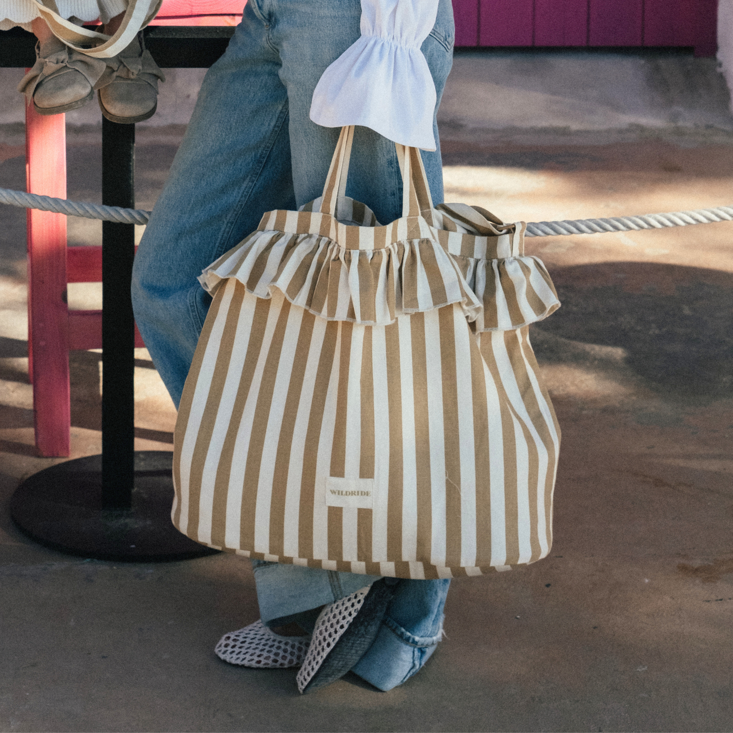Ruffle Shoulder Bag Beige Stripe